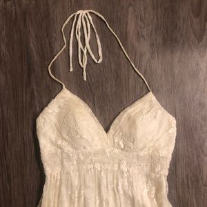 Sue Wong long cream halter lace dress.